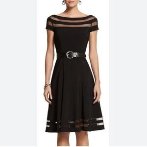 White House Black Market Black Midi Dress fit and flare with mesh insets size 4